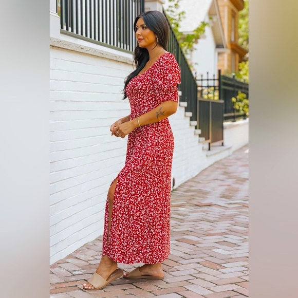 Wine Floral Print Smocked Maxi Dress - Picture 9 of 12